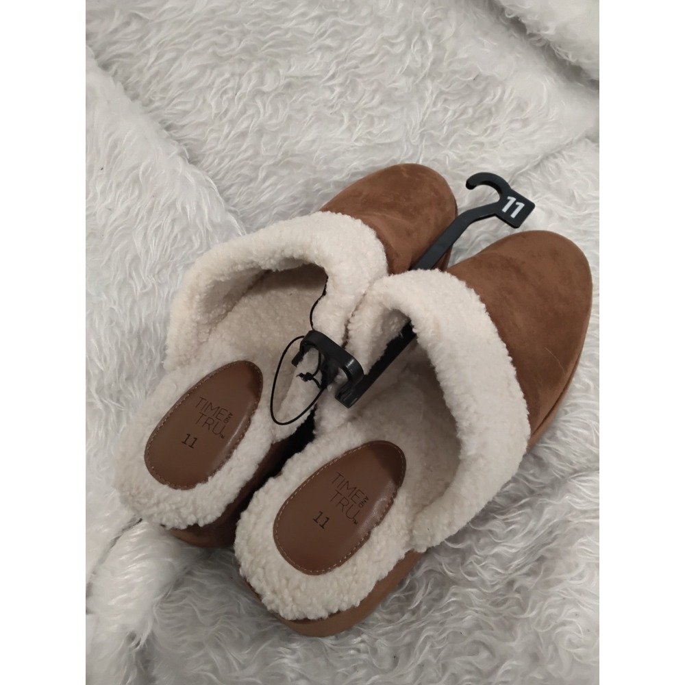 Time and Tru Womens Cognac‎ Faux Suede Platform Clogs Faux Shearling Mules -11